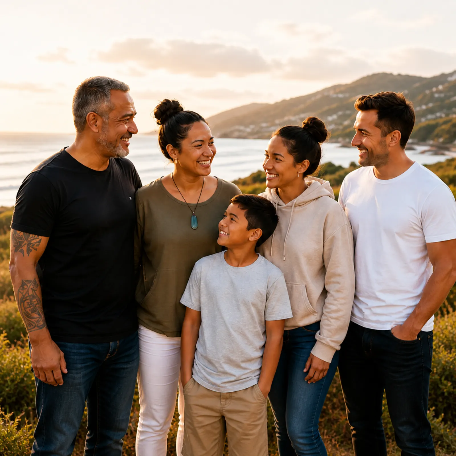 Kiwi family smiling together by the coast